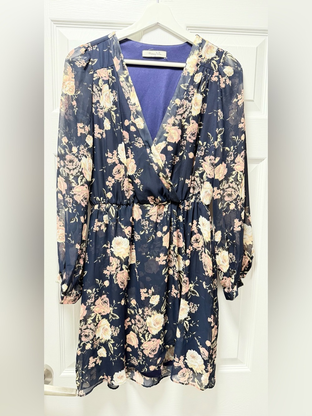 Honey Belle Navy Floral Long Sleeve Wrap Dress with Pink Roses